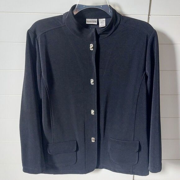 Chico's Jacket Women's 3 Metal Twist Closure Mock Neck Black Modern Minimalist - Picture 1 of 11